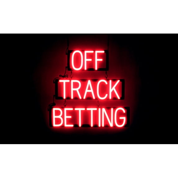 SpellBrite OFF TRACK BETTING LED Sign for Business. 24.1" x 23.8" Red OFF TRACK BETTING Sign Has Neon Sign Look With Energy Efficient LED Light Source. Visible from 500+ Feet, 8 Animation Settings.