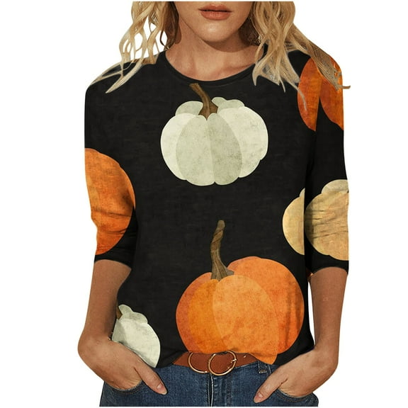 Odeerbi Halloween Vintage Pumpkin Shirts for Women Retro Graphic Blouse 2025 Casual Printed Three Quarter Sleeves Round Neck Loose Tops Black