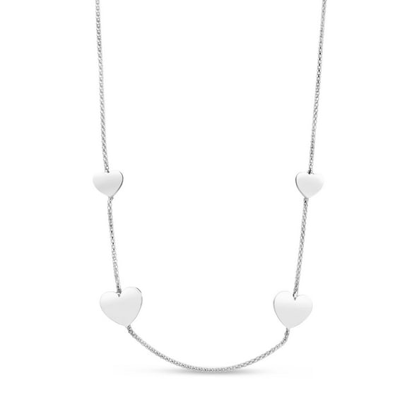 Jewelstop Sterling Silver Diamond Cut / Textured Finish 2" Extenderand Rhodium Plating Hearts Station Chain with Lobster Clasp - 8"