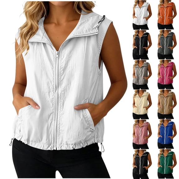 Hvogkswy Summer Jackets for Women Solid Casual Sleeveless Hooded Jacket Full Zip Lightweight Windbreaker Outdoor Hiking Jacket with Pockets