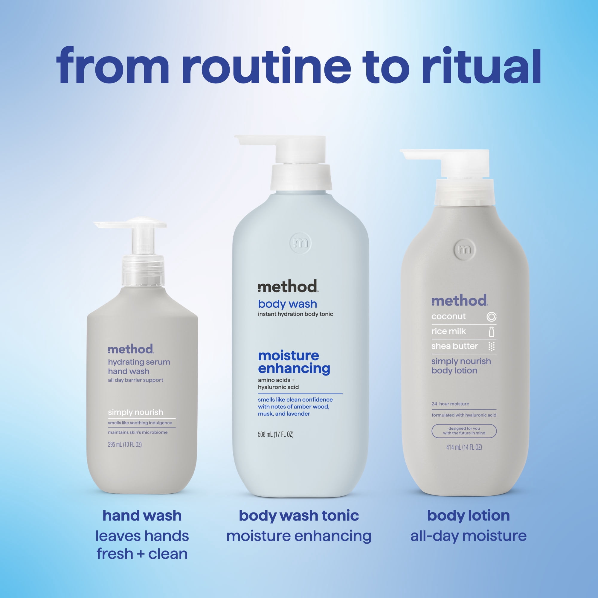 method body wash tonic, moisture enhancing, amino acids + hyaluronic acid - amber wood, musk, and lavender​, 17 fl oz