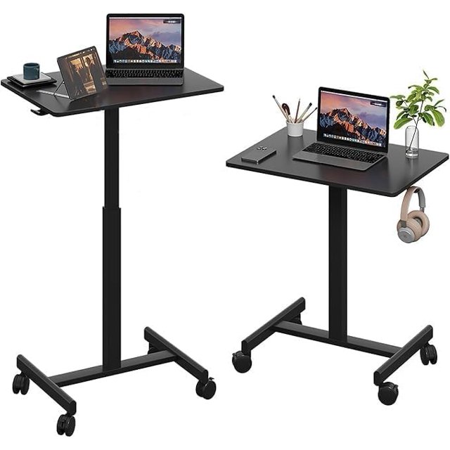 Mobile Small Standing Desk, Gas Spring Adjustable Height Rolling Portable Laptop Desk with Lockable Wheels, Computer Workstation, Rolling Podium (Black, 17.8 * 25.5)