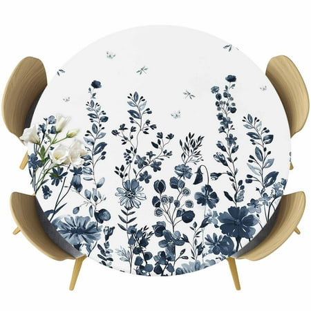 Round Fitted Tablecloth Farm Blue Ink Style Flowers Circle Table Cover Waterproof Table Cloth with Elastic Edge Country Dragonfly Floral Art Outdoor Tablecloths for Kitchen Picnic 55-60in