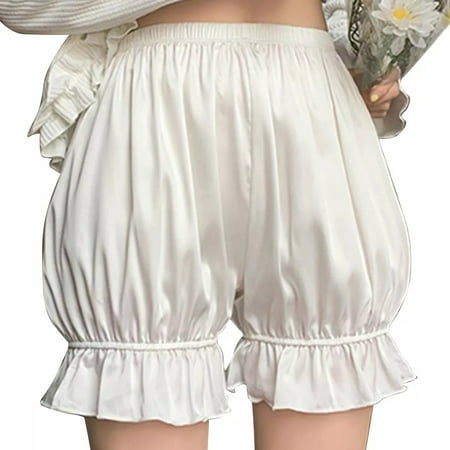 QIJIE Women Short Ruffle Pumpkin Pants Trim Lolita Bloomers Steampunk Shorts White S