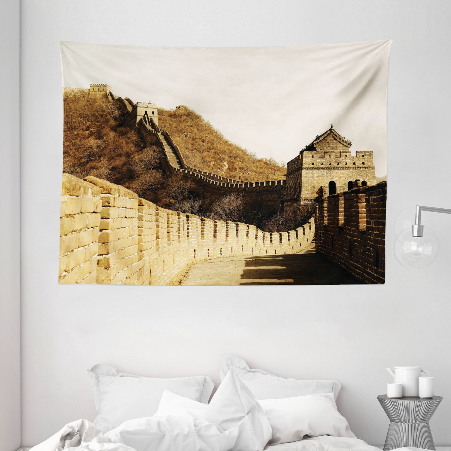 Great Wall of China Tapestry, Ancient Stone Borders on Mountains Famous Historical Monument 