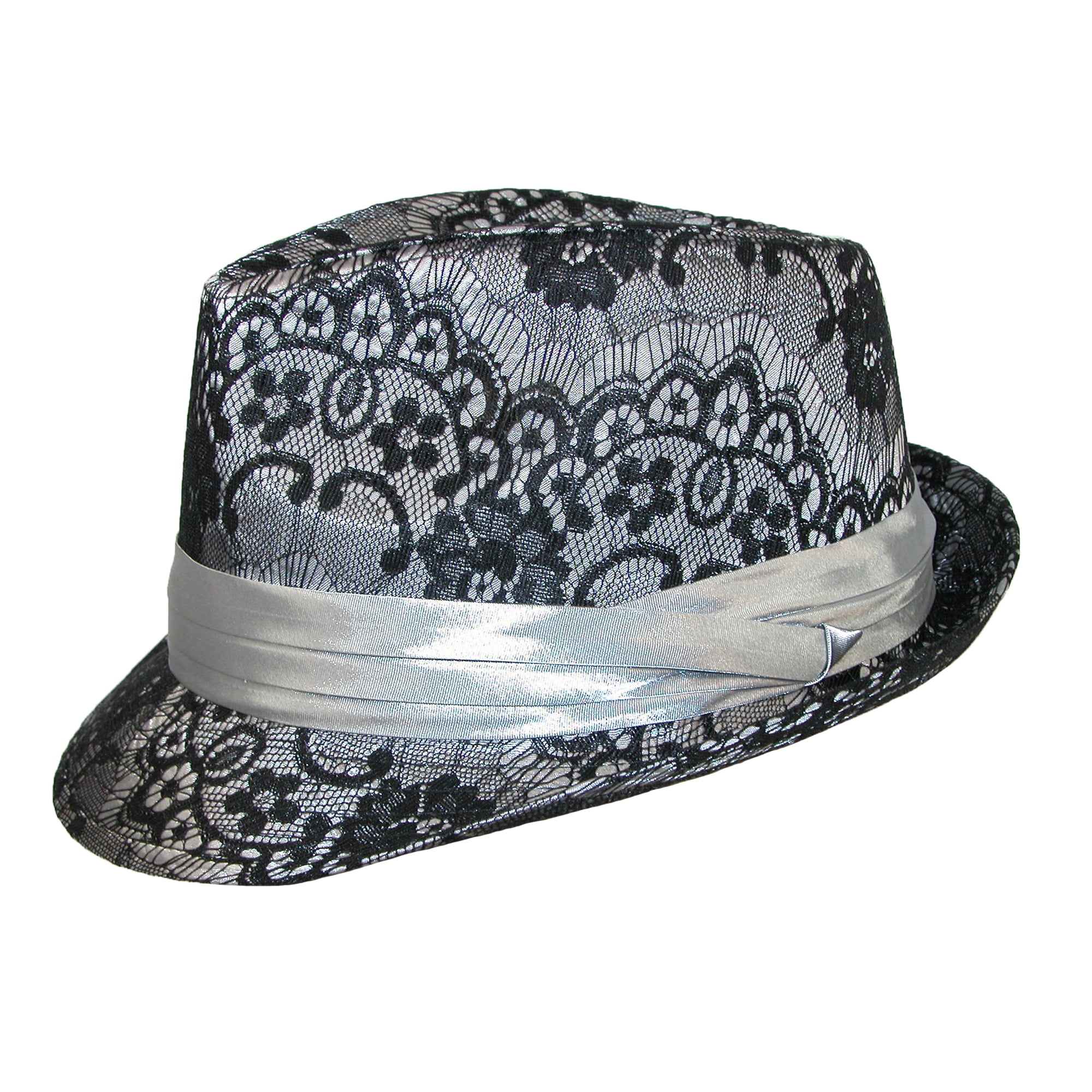 Size Large Womens Lace Covered Fashion Fedora Hat, Silver