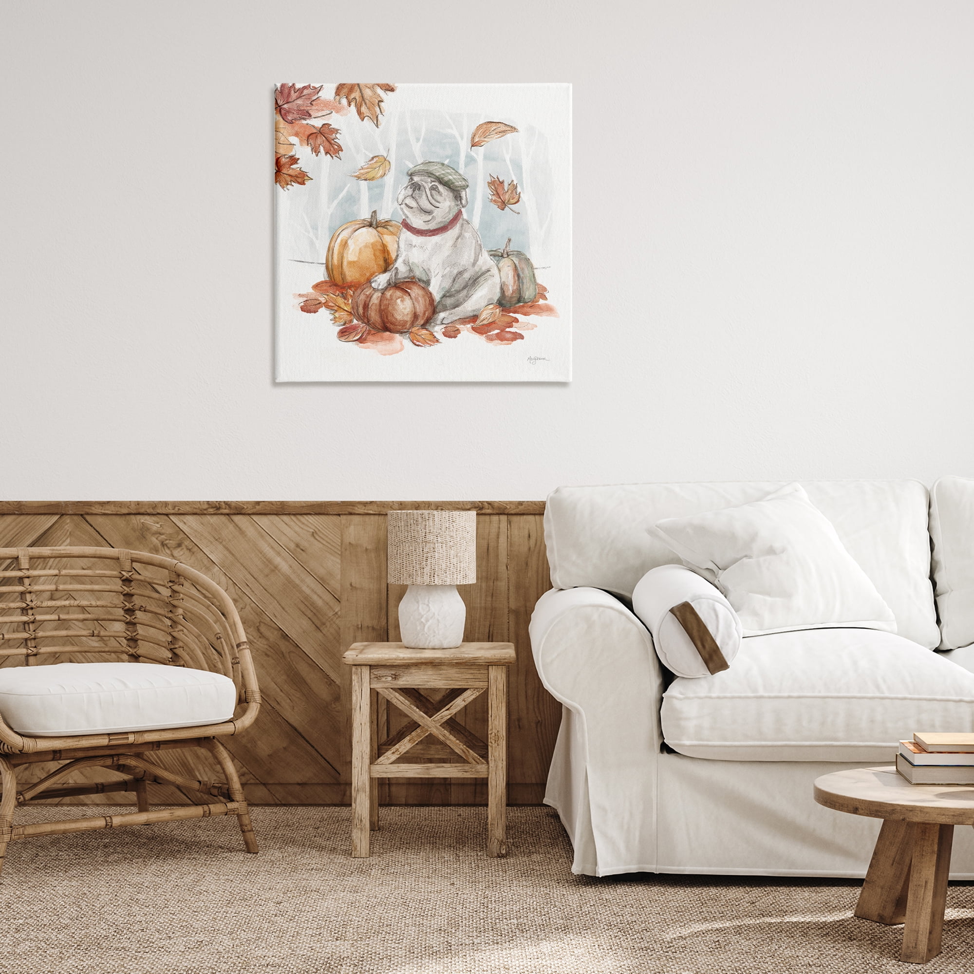 Stupell Industries Autumnal Bulldog Scene Holiday Painting Gallery Wrapped Canvas Art Prints Wall Art, 30 x 30