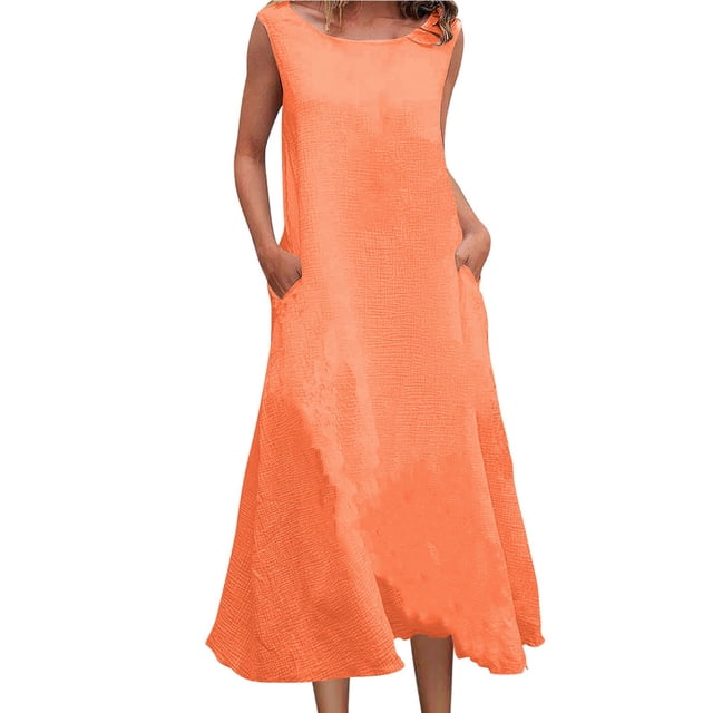 Robe Décontractée pour Femmes à Col Rond Sans Manches avec Poche Multicolore Jupe Longue