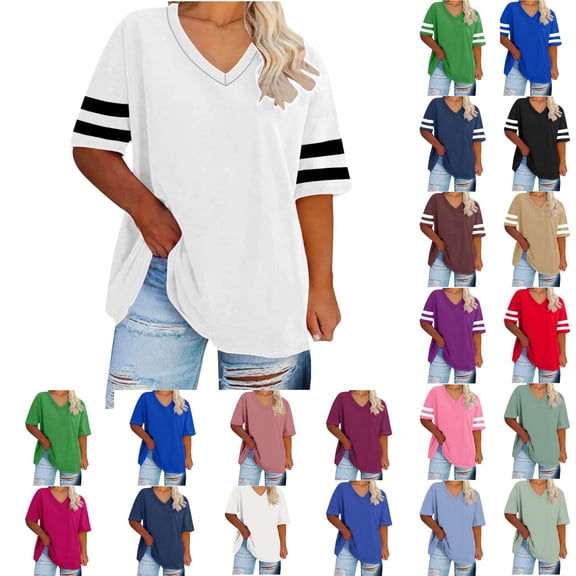 ShiShine Womens Plus Size V Neck Short Sleeve Tshirts Oversize Solid Color Summer Basic Tee