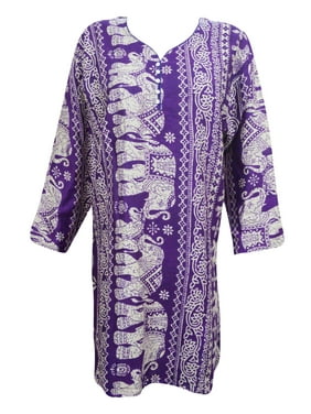 Mogul Women's Ethnic Indian Tunic Dress Purple Animal Print Rayon Summer Kurti Kurta