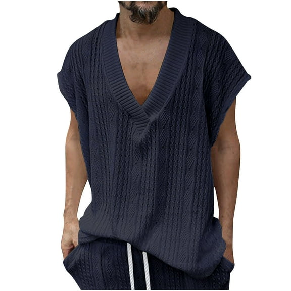 YLSDY Men's Oversized V Neck Knitted Tank Tops Casual Summer Sleeveless Bodybuilding Workout Muscle Tee Shirts Navy XXL