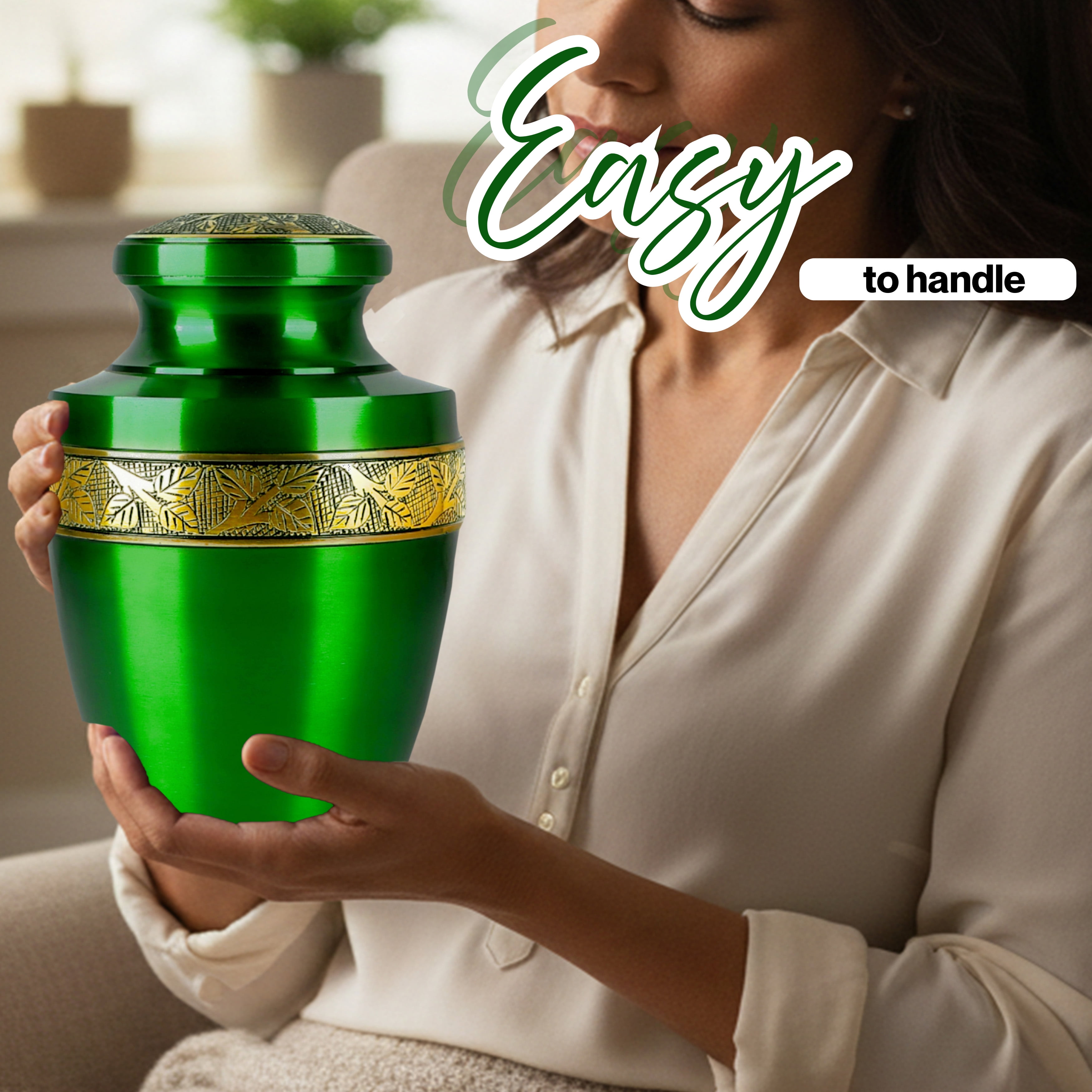 Handcrafted Aluminum Urn - Decorative Memorial Holder for Ashes and Remembrance (Grass Green & Royal Gold)