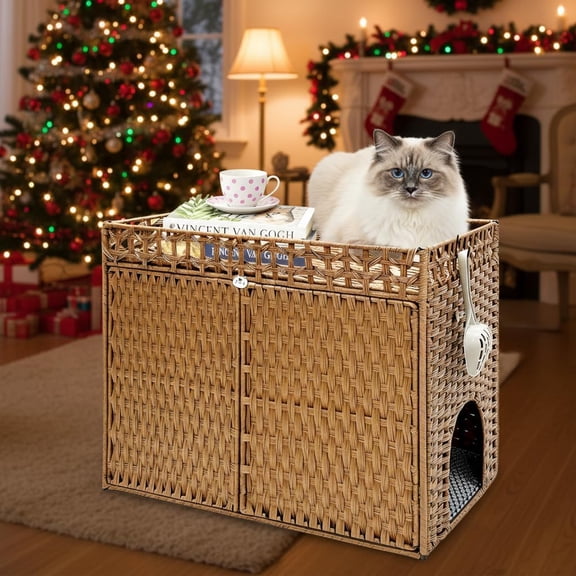 Cat Litter Box Enclosure Furniture, Extra Large Hidden Litter Box with Soft Mat and Fence, Comfortable Handwoven Rattan Cat House with S-Shaped Hooks for Living Room, Bedroom (Walnut)