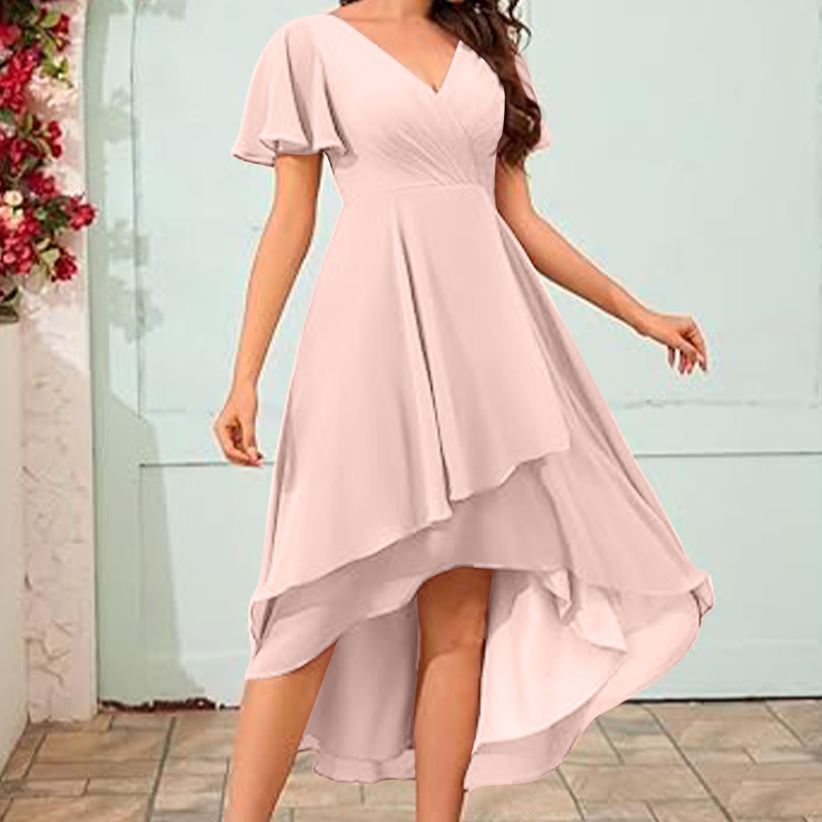 gljltg Women's Solid Color Ruffle Sleeves Pleated V-neck A-line Mid Length Short Sleeve Dress for Women, Girl, Spring, Summer, Suitable for Casual, Daily, Birthday, Dating, Dance