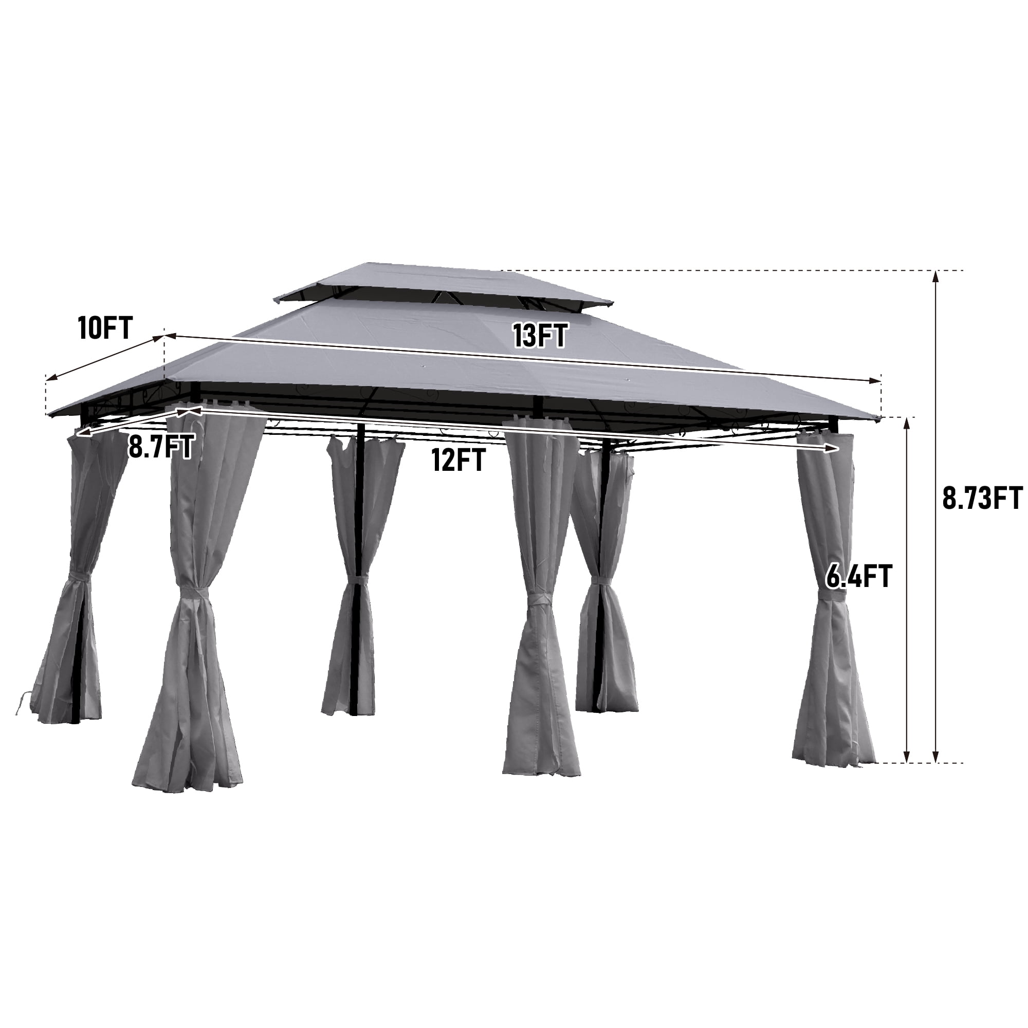 13x10 Outdoor Patio Gazebo Canopy Tent With Ventilated Double Roof And SideWall(Detachable Curtain Included On All Sides),Suitable for Lawn, Garden, Backyard and Deck-Gray