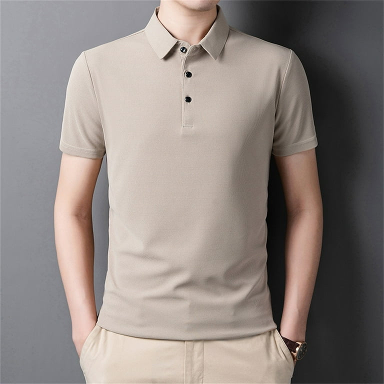 Zizocwa Business Casual Men Summer Men Turtle Neck Long Sleeve Shirts Men's Short Sleeve Shirts Regular Fit Casual Business Golf Shirts for Men KhakiL