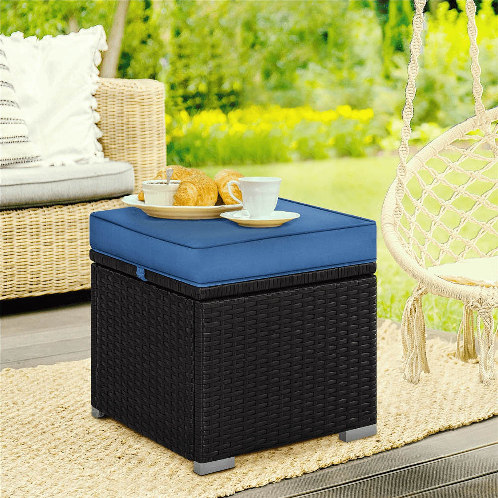 Renwick Wicker Patio Storage Ottomans with Cushions, Set of 2, Brown/Dark Blue