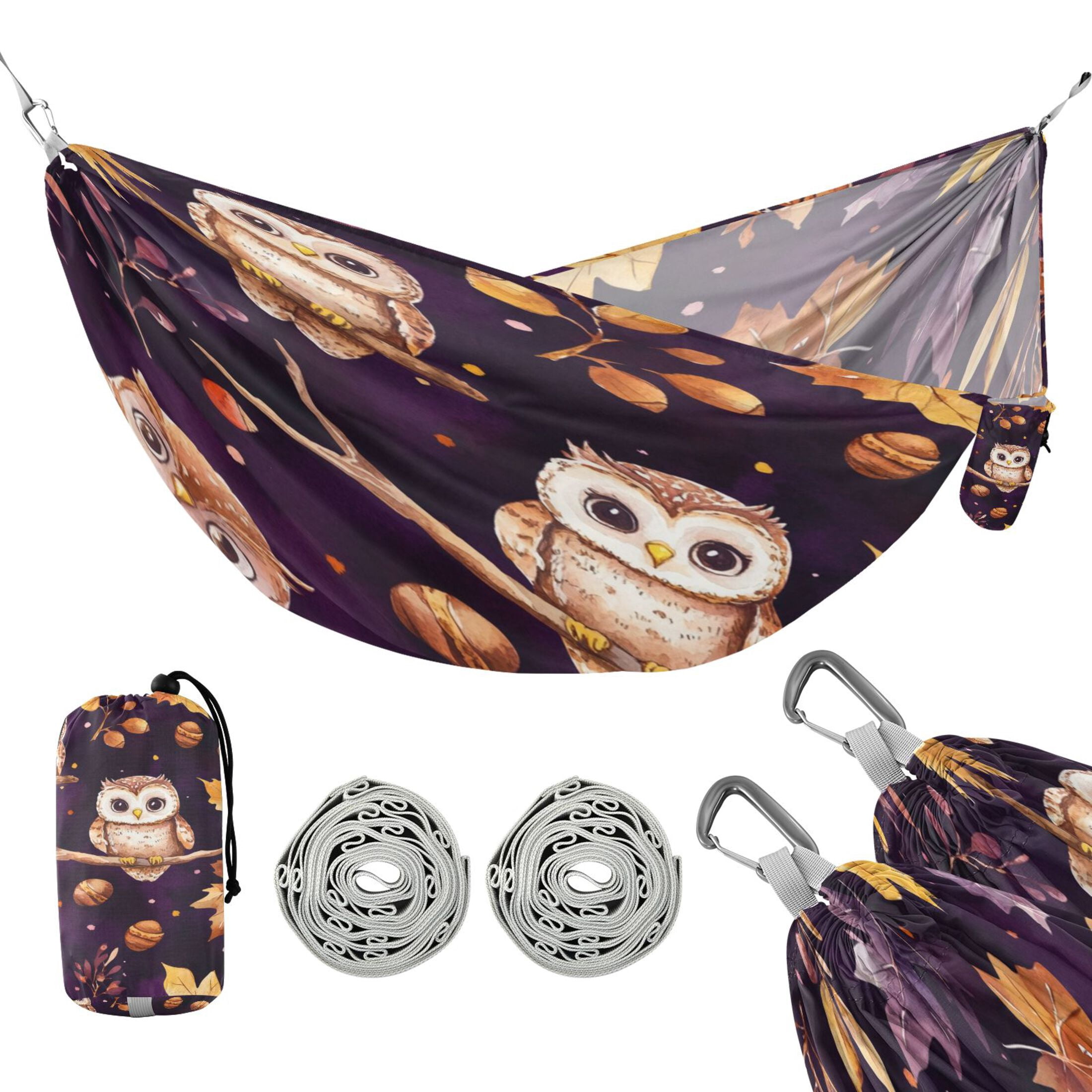 Wobogo Adorable Baby Owls and Acorns Pattern Camping Hammocks 330 lb Capacity with Tree Straps and Hanging Pockets for Outside Hiking Beach Backpack Travel