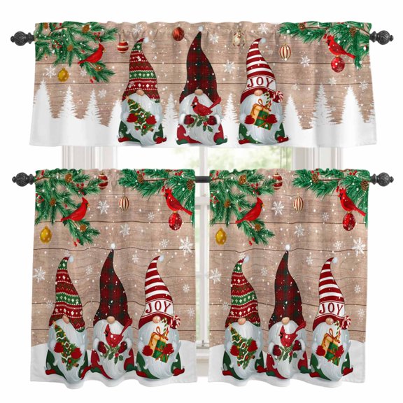Christmas Gnomes Kitchen Curtains Sets for Windows 36 Inch Length, Xmas Pine Tree Balls Cardinal Birds Holiday Rod Pocket Window Treatments Tier Curtains and Valances Set for Bedroom/Bathroom