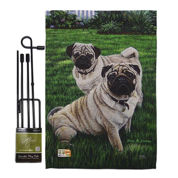 Breeze Decor BD-PT-GS-110006-IP-BO-D-US15-AL 13 x 18.5 in. Pugs Love Nature Pets Vertical Double Sided Mini Garden Flag Set with Banner Pole