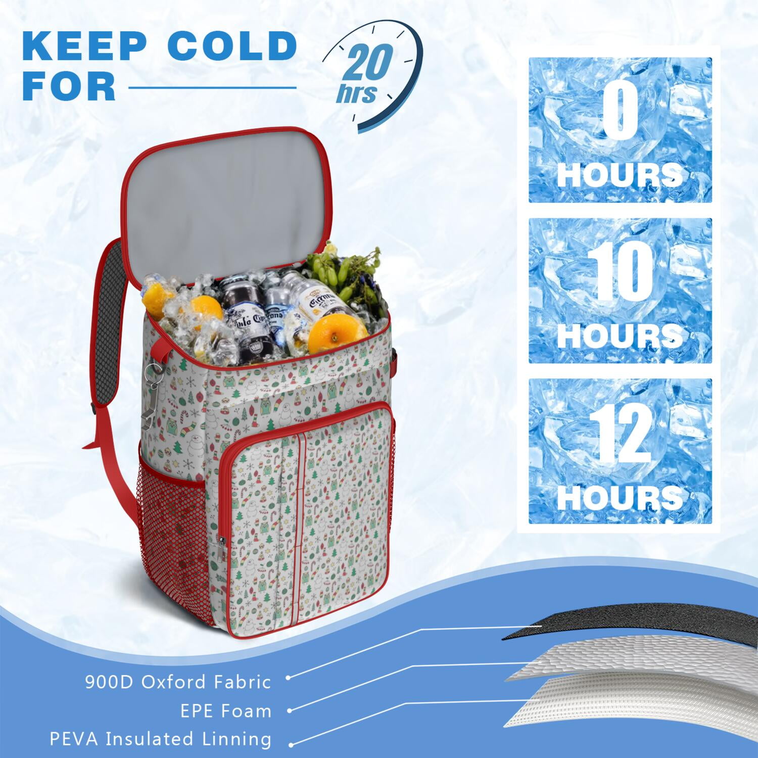 Travel Cooler Bag - White Christmas Icon Pattern Camping Beer Cooler Backpack with Bottle Opener- Waterproof Insulated Picnic Backpacks - Cooler Bag for Beach