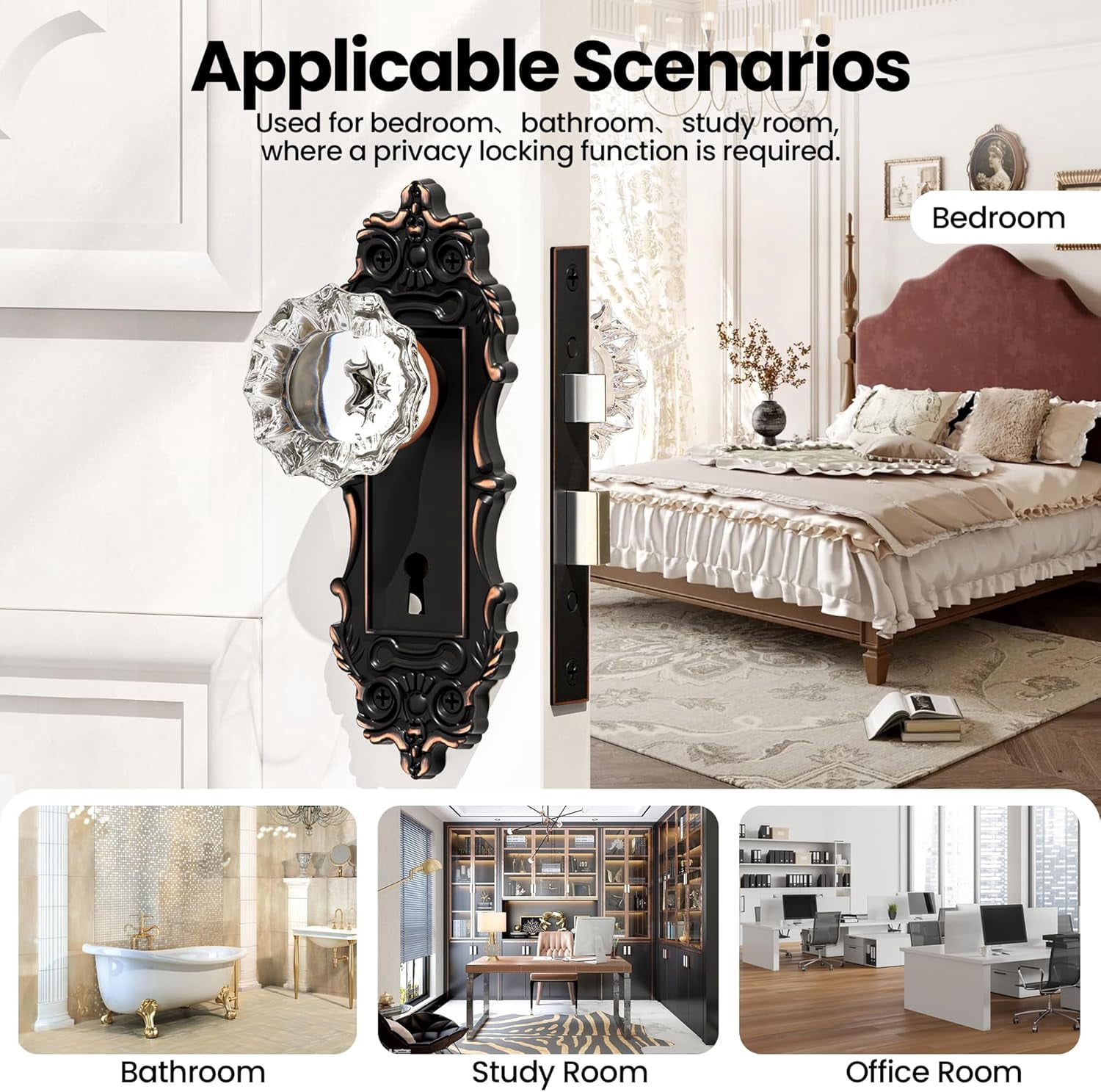 Antique Door Knobs Interior Mortise Lock Oil Rubbed Bronze Door Knob Crystal Glass Door Handle Vintage Skeleton Key Door Locks for Bedrooms Bathroom