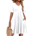thumbnail image 2 of Summer Casual Dresses for Women A Line Sun Dress Ruffle Short Sleeve V Neck Tshirt Dress with Pockets White L, 2 of 6