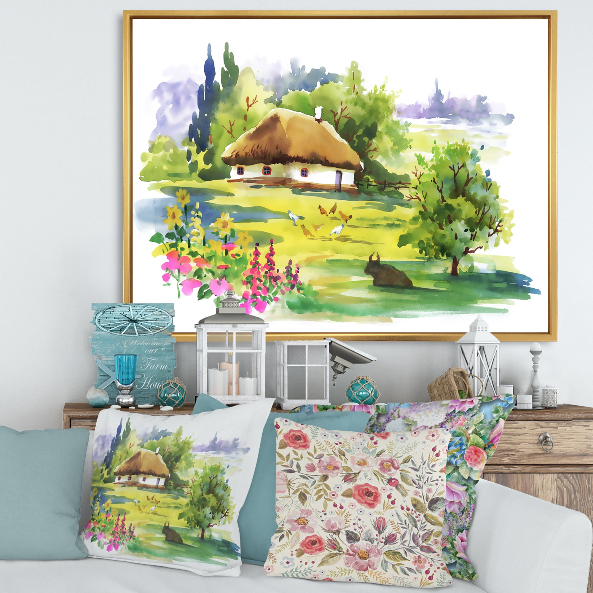 Designart 'Blossoming Greenlands And A Rural House' Traditional Framed Canvas Wall Art Print