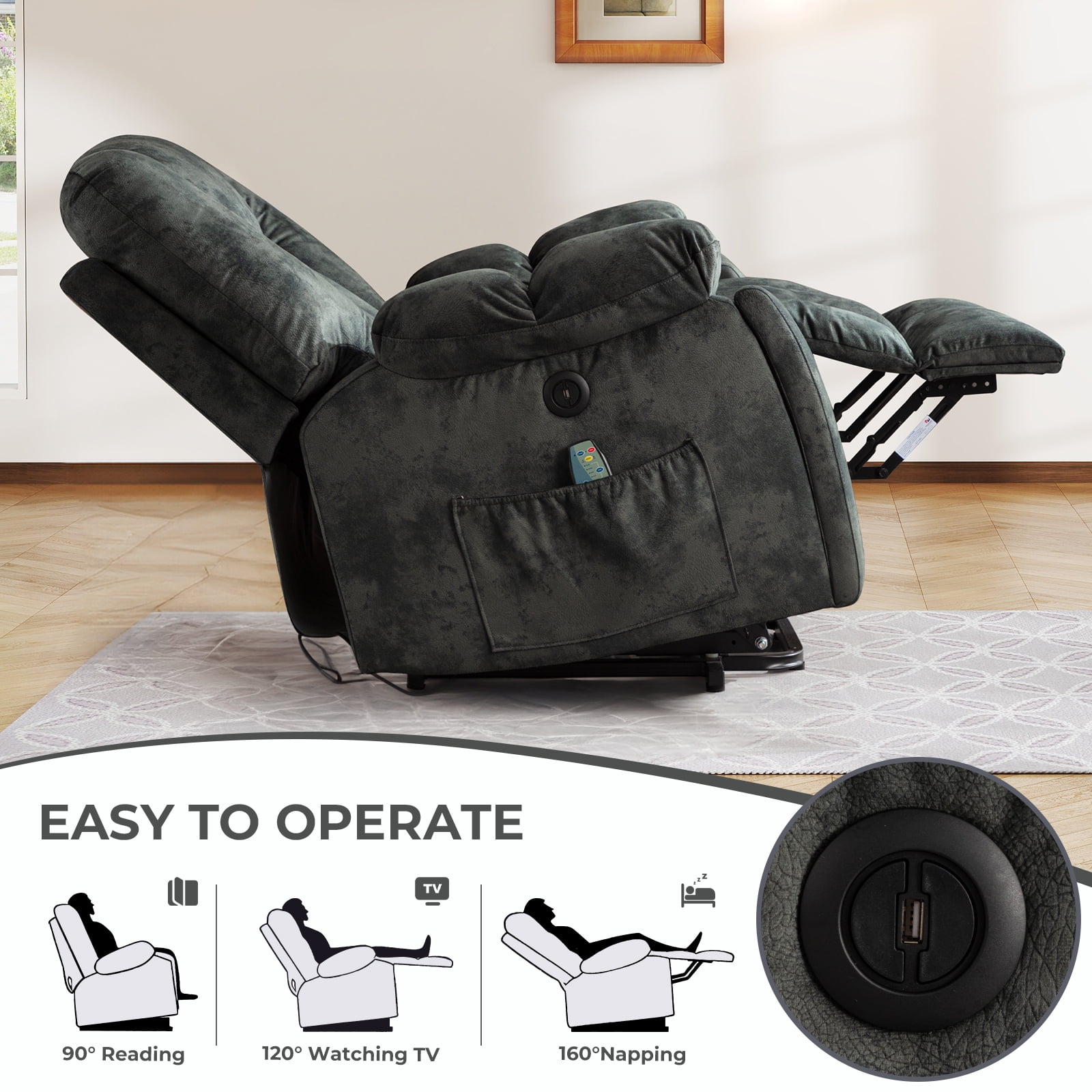 Ebello Large Power Lift Recliner Chair with Heat Massage, USB Ports - Ergonomic Recliner Chair for Elderly, Greenish Gray