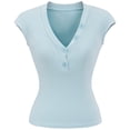 thumbnail image 4 of Arlun Womens Short Sleeve Tops Button up V-Neck Henley Solid Color Stretch Tight T Shirts Slim Fit Casual Summer Tops Basic Tee Shirts Light Blue M, 4 of 8