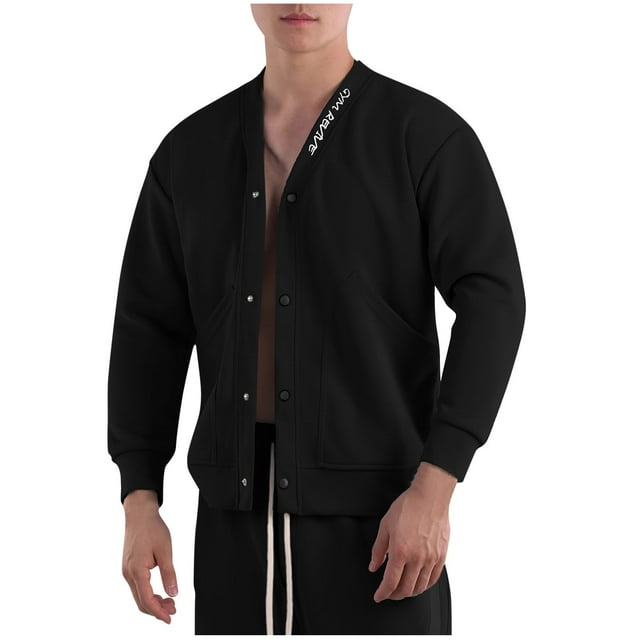 Men's Fashion Casual Solid Color Pockets Buttons Long Sleeve V-Neck Blouses RXIRUCGD Noir, Taille: 2TG