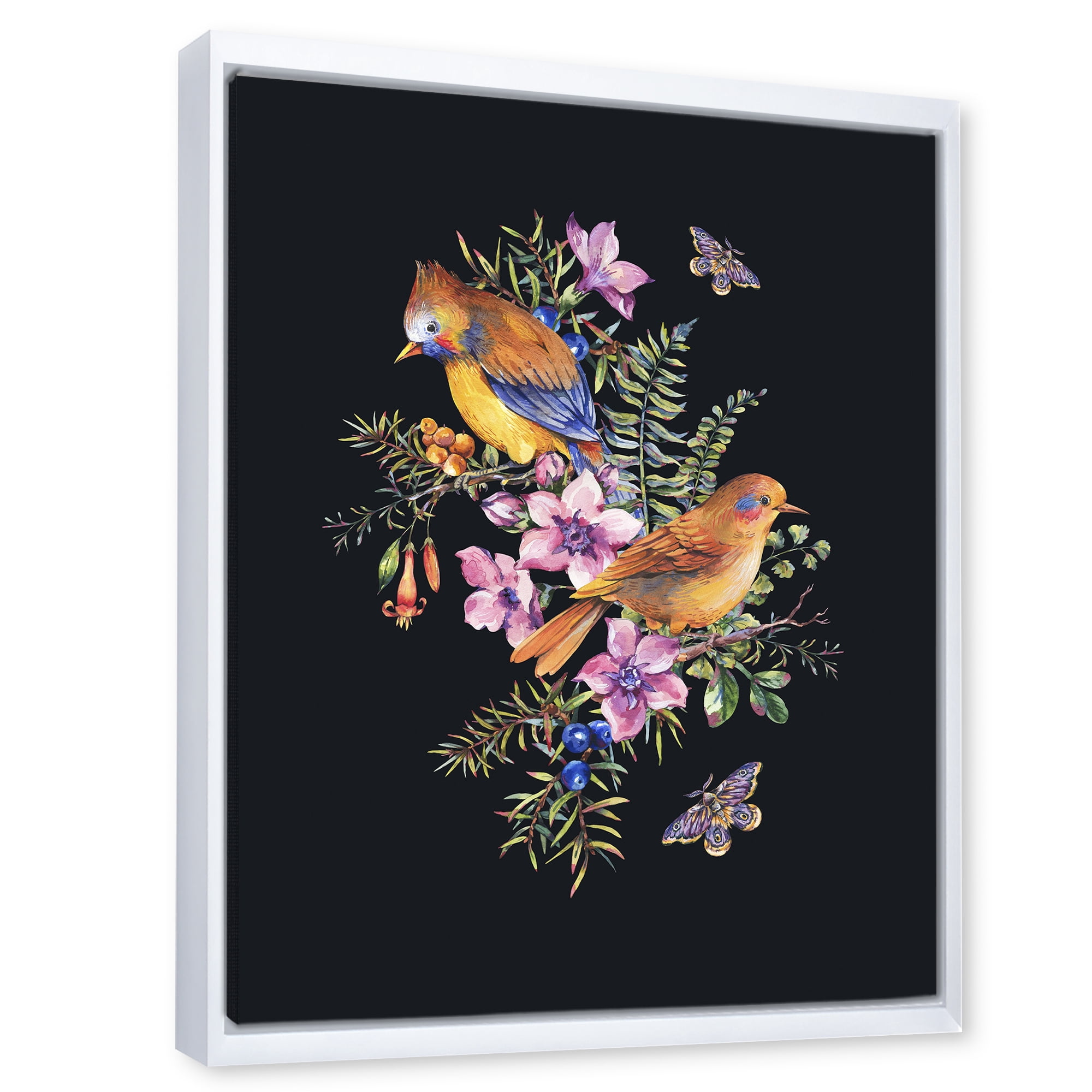 Designart 'Little Bird Sitting On Colourful Bouquet Of Wildflowers II' Traditional Framed Canvas Wall Art Print