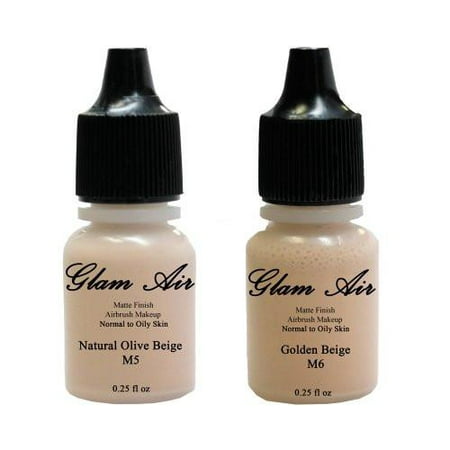 (2)Two Glam Air Airbrush Makeup Foundations M5 Natural Olive Beige & M6 Golden Beige for Flawless Looking Skin Matte Finish For Normal to Oily Skin (Water Based)0.25oz Bottles(Medium