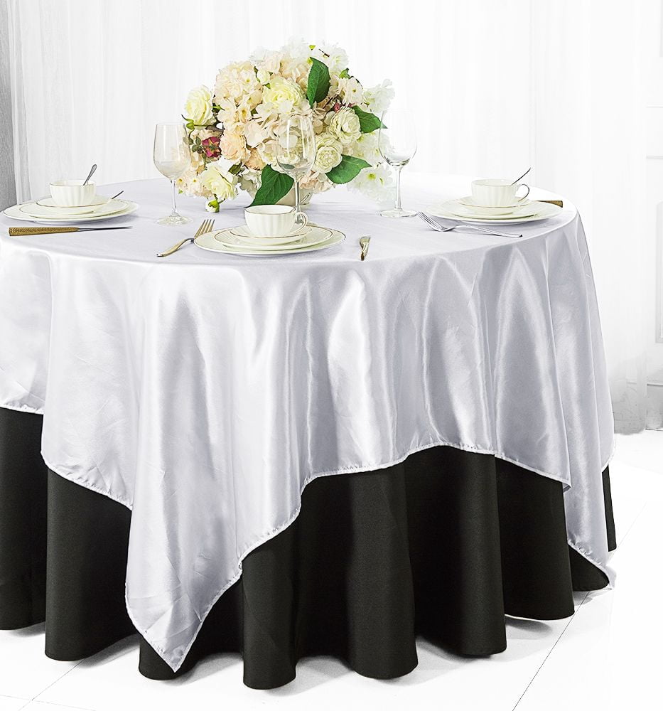 White Table Topper Wedding Linens Inc. 85 inch Square Satin Table Overlay Toppers - White ...