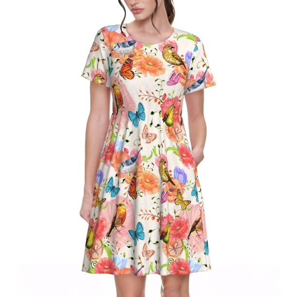 Easygdp Flowers And Birds Watercolor para Vestido Transpirable de Mujer, Vestido Suelto de Manga Corta con Pliegues y Bolsillos para el Verano