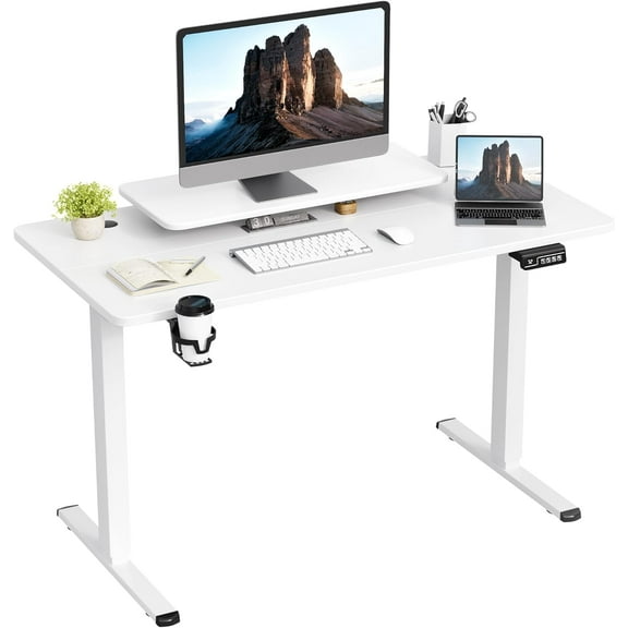 JUMMICO Electric Standing Desk, Adjustable Height Desk 47 x 24 Inch with Monitor Stand, Home Office Computer Desk (White)