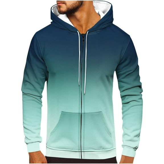 zfwon Men's Hoodies Full Zip Sweatshirts Gradient Long Sleeve Jumper Loose Drawstring Fleece Tops Fashion Going Out Smart Casual Workout Sweatshirt Hooded Workout Sportwear with Pocket