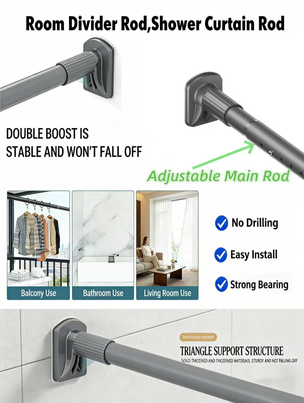 No Drill Tension Rod - Extra Long Room Divider 43-102inch, Adjustable Spring Shower Curtain Rod for Closet/Balcony, Non-slip Telescopic Pole (Gray)