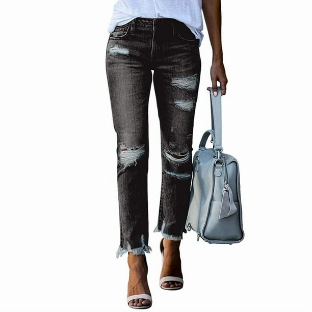 Pantalones Vaqueros Rectos Rotos con Efecto Desgastado para Mujer Negro y Gris L