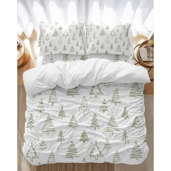 Christmas Tree Bedding Duvet Cover Set Full Size 4 Pieces Retro Abstract Sage Green Tree Texture Bedding Set with Zipper Closure, 1 Comforter Cover 86x86 Inches 1 Flat Sheet & 2 Pillow Cases