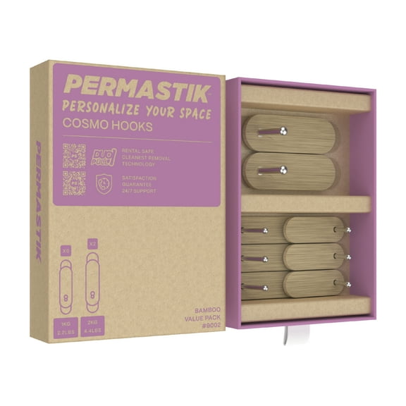Permastik Damage Free Bamboo Cosmo Hooks – 6 Medium and 2 Large Decorative Hooks for Wall and Home
