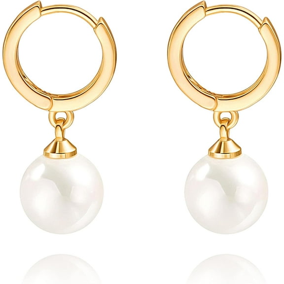 Small Gold Huggie Hoop Earrings Shell Pearl Drop Dangle Post Earrings Hanging Lightweight Handmade Jewelry for women