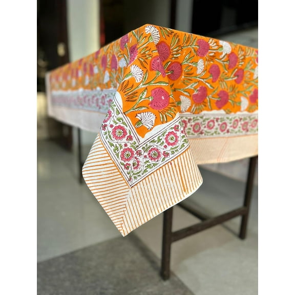 Tangerine Orange, Pink Hand Block Printed Cotton Tablecloth, Dining Table Cover Farmhouse Party Wedding Home Housewarming Baby Shower