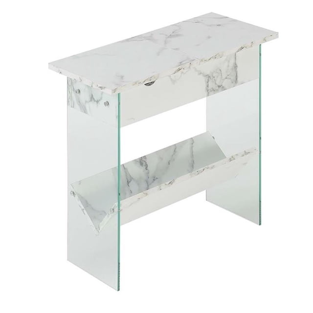 SoHo Table d'Appoint Électrique à Dessus Rabattable en Bois Marbré Blanc avec Verre Transparent