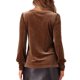 thumbnail image 3 of BLUSA de terciopelo INSPIRAR CHIC para mujer, de cuello redondo, manga larga abullonada, top casual en color caqui oscuro, 3 of 6