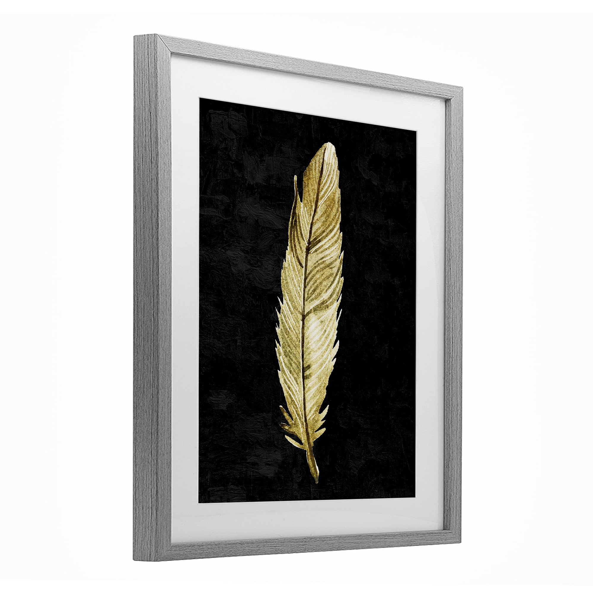 Curved Feather on Black Gray Framed Print Under Glass, design by Kim Allen