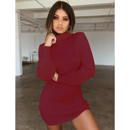 Wool Turtleneck Sweater - Women's Turtleneck Ribbed Long Sleeve Bodycon Oversized Long Sleeve Warm Wool Pullover Sweater Dress Tops