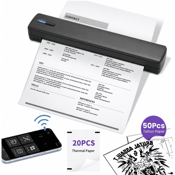 D810 Portable Thermal Printer, Wireless BT Inkless Printer, 20 Sheets Thermal Paper Black Travel Carrying Case Compatible with Phone Laptop
