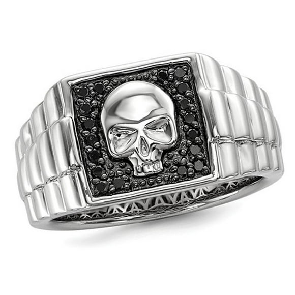 Mens Black Diamond 1/5 Carat (ctw) Polished Skull Ring in Sterling Silver