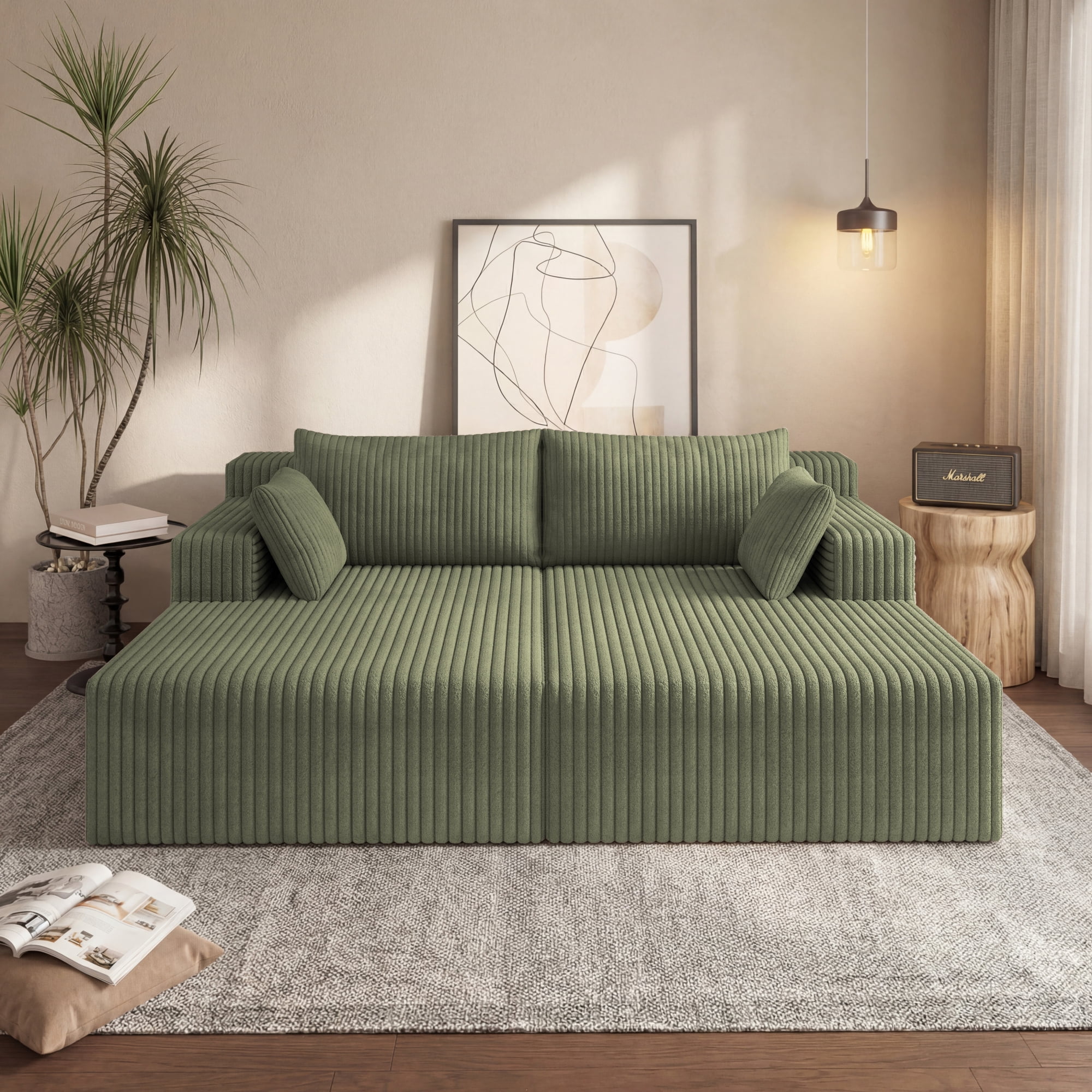HOQBN 71" Oversized Double Chaise Lounges Indoor,Upholstered Corduroy Boneless Couch with 4 Pillows,Reading Lazy Cloud Plush Sofa Bed for Living Room, Bedroom,No Assembly,Antique Green